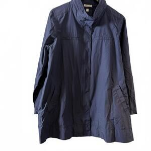 EILEEN FISHER Organic Cotton Blend A-Line Jacket Navy Blue SZ L. Zippered Hood